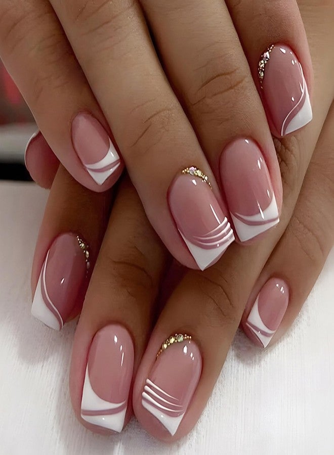 ASONRL 24 Pcs Acrylic Press on Nails, ASONRL Short Medium Square French White Edge Pink Fake Nails with Gold Rhinestones, Glue on Nails Reusable False Nails for Women, French- Gold Diamond Square - Image 1